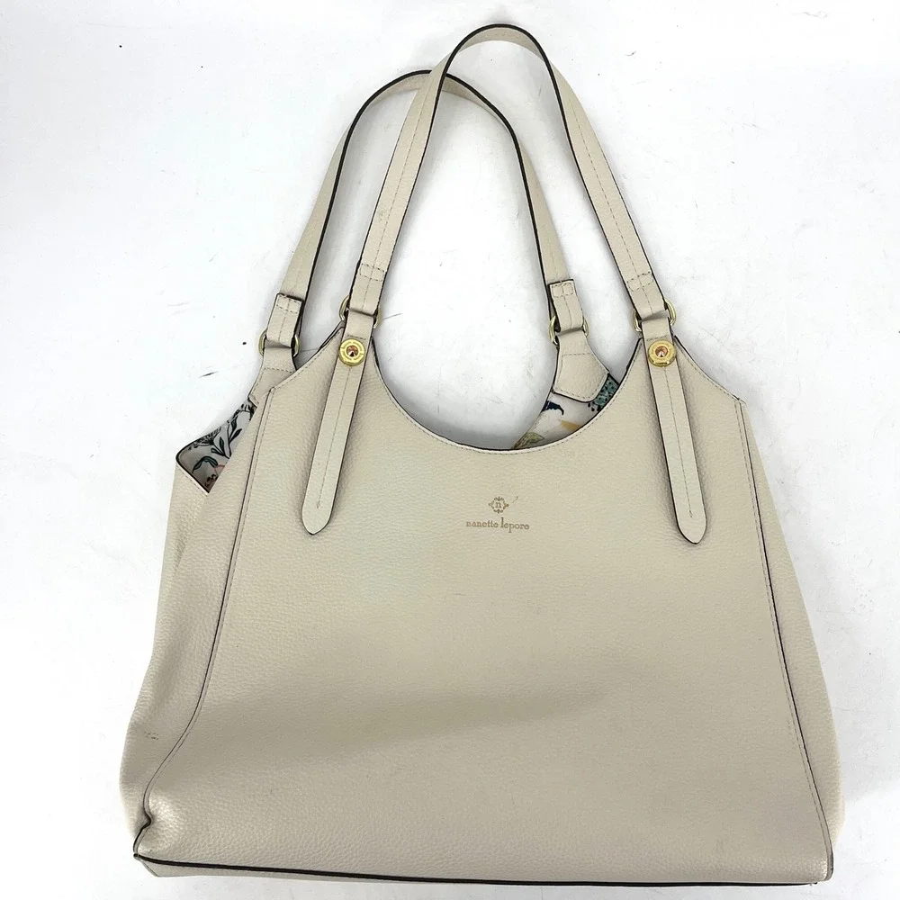 Nanette Lepore‎ Cream Pebbled Leather Floral Lined Tote Bag Shoulder Bag